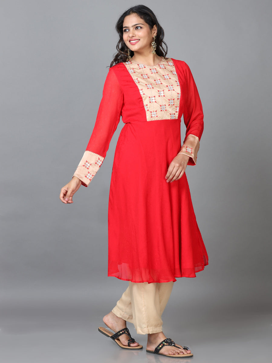 Red Full Sleeve Chiffon Solid A-Line calf-long Kurta Set