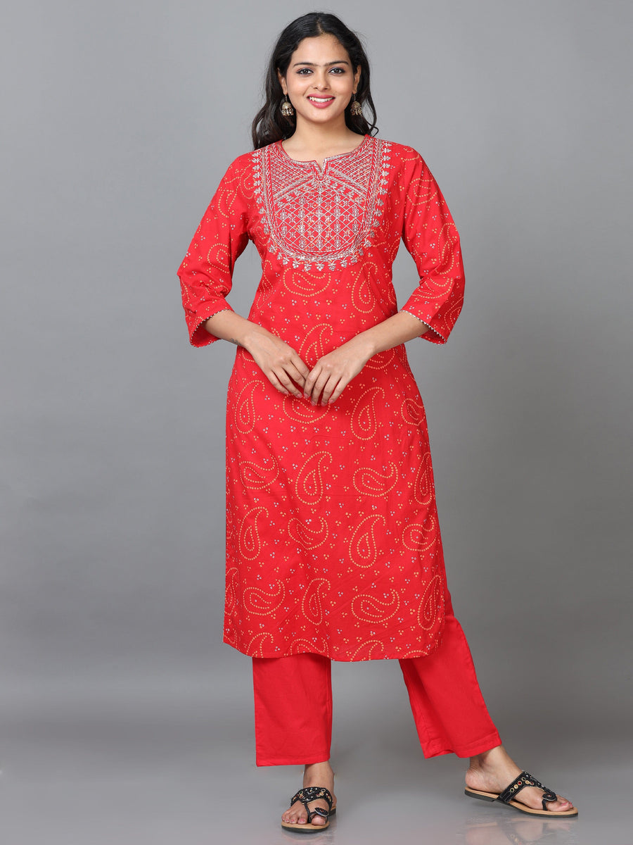 Red 3/4 Sleeve Cotton Printed Straight calf-long Salwar Suit