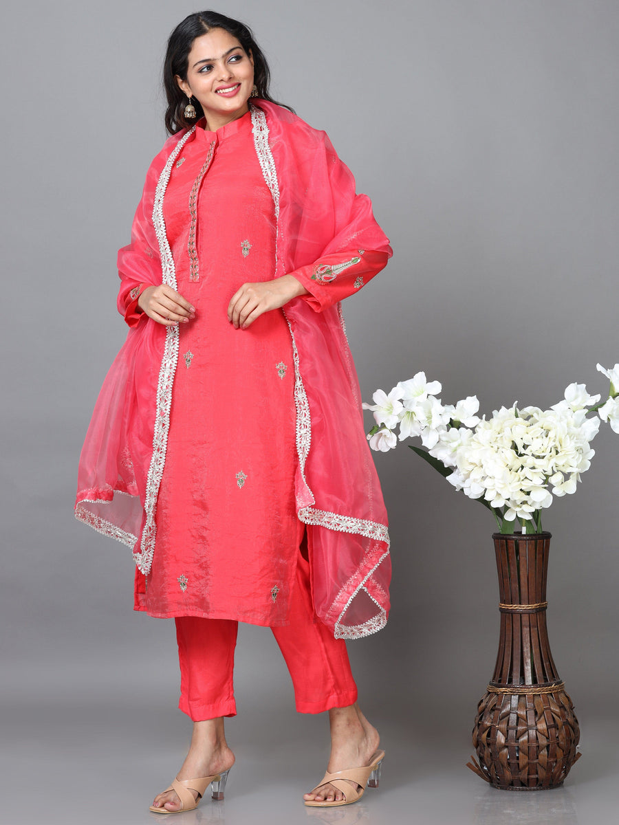 Red Full Sleeve Chanderi Embroidered Straight calf-long Salwar Suit