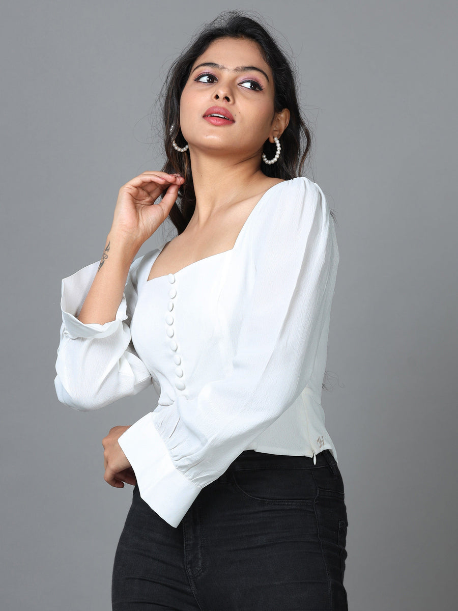 White Cuff Sleeve Georgette Solid Western Short Length Top