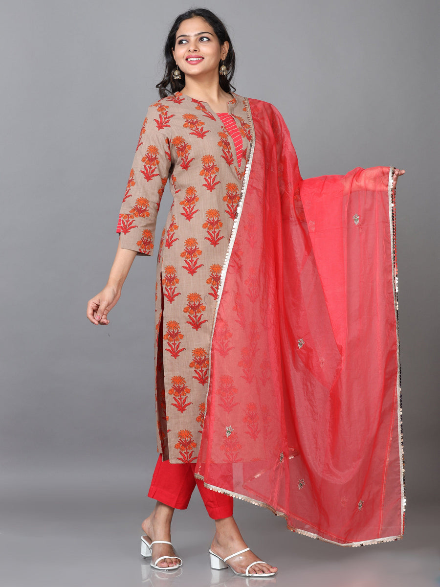 Beige 3/4 Sleeve Cotton Printed Straight calf-long Salwar Suit