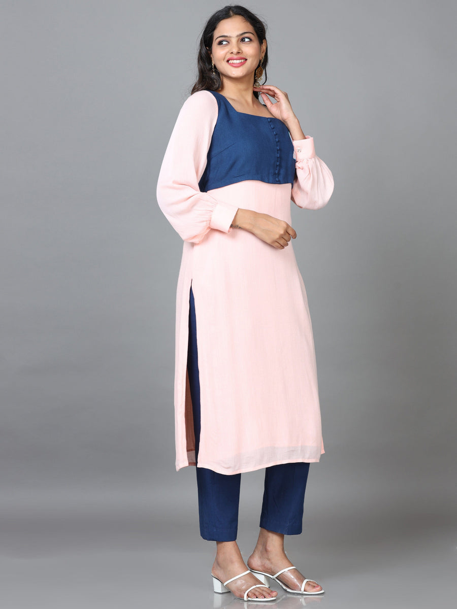 Peach Full Sleeve Cotton Solid Straight calf-long Kurta Set