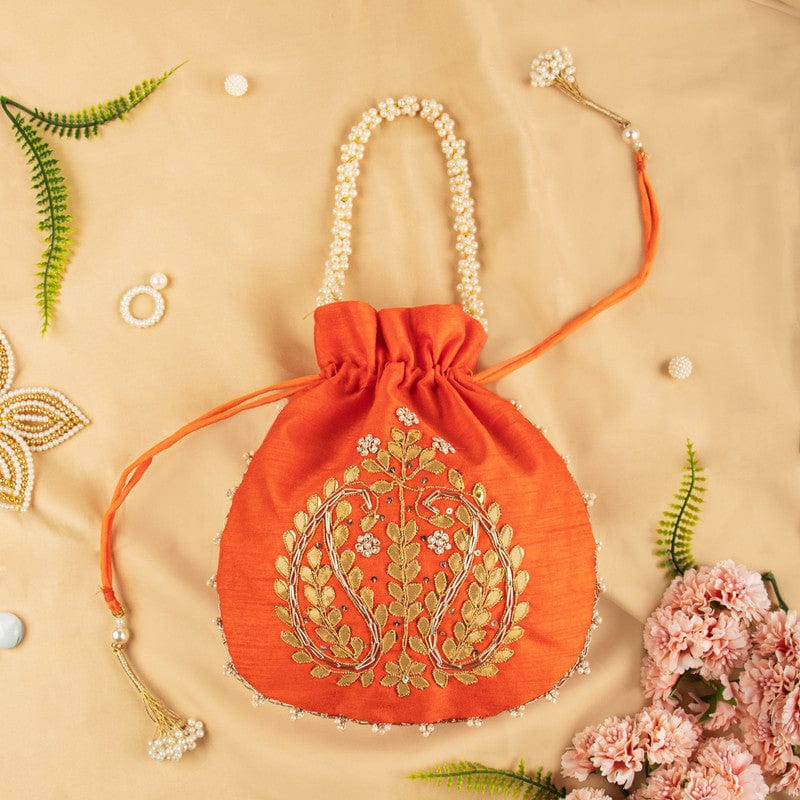 Womens Dark Orange Hand Zardosi GOTA Work Potli Bag with drawstring_HS23WBA009DO