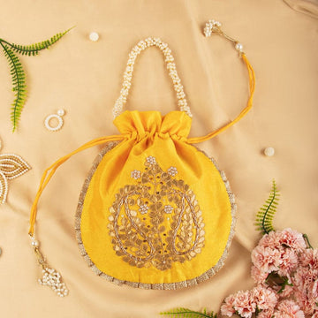 Womens Golden Yellow Hand Zardosi GOTA Work Potli Bag with drawstring_HS23WBA009GY