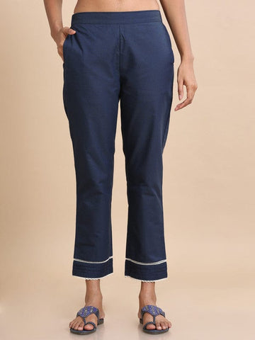 Blue Cotton Solid Regular fit Ankle length Pants