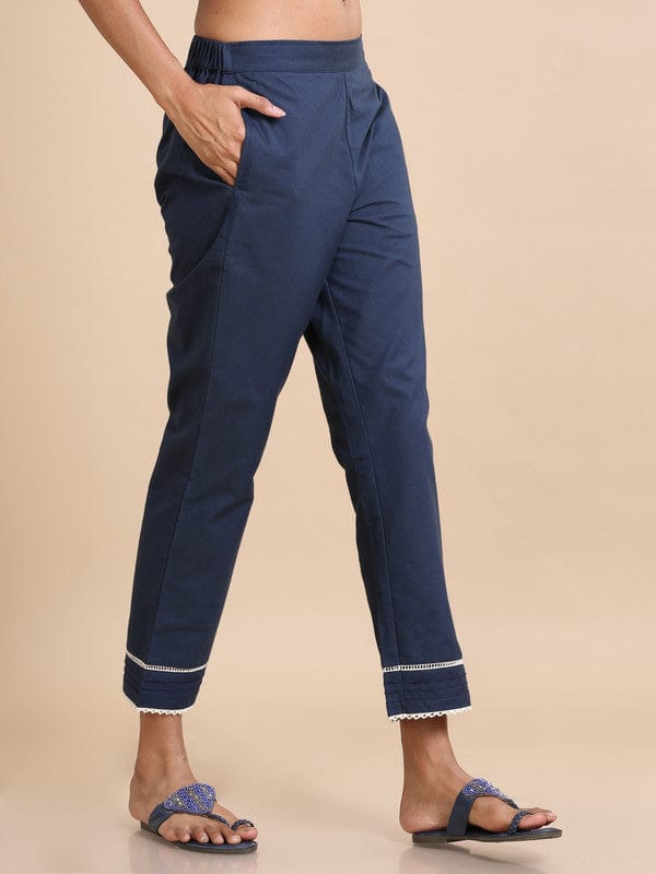 Blue Cotton Solid Regular fit Ankle length Pants