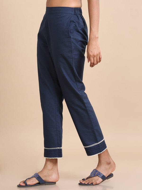 Blue Cotton Solid Regular fit Ankle length Pants