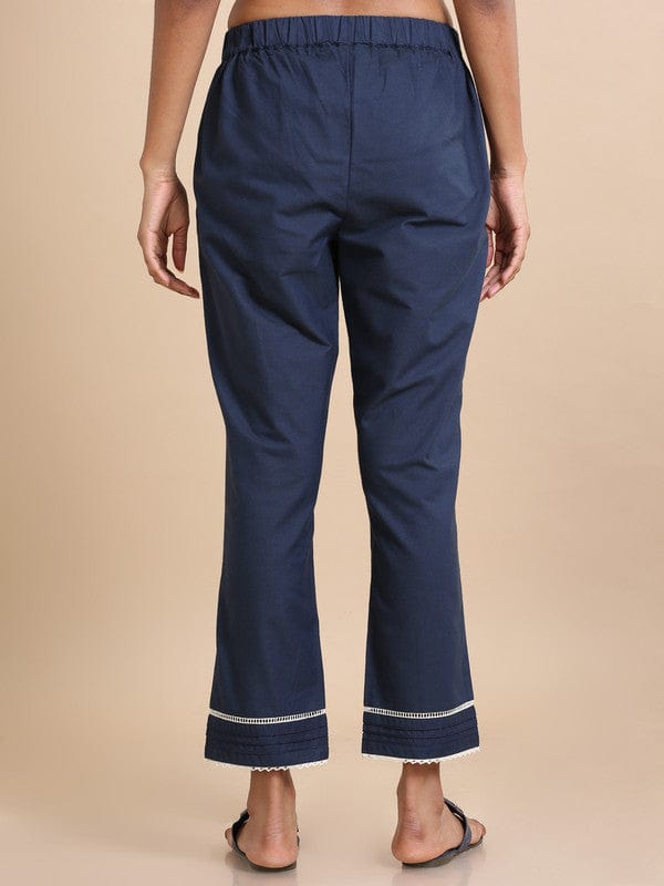 Blue Cotton Solid Regular fit Ankle length Pants