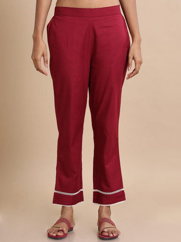 Maroon Cotton Solid Regular fit Ankle length Pants