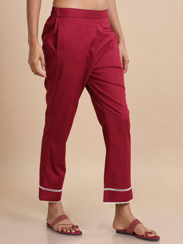 Maroon Cotton Solid Regular fit Ankle length Pants