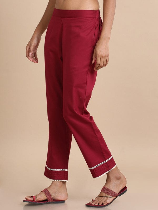 Maroon Cotton Solid Regular fit Ankle length Pants