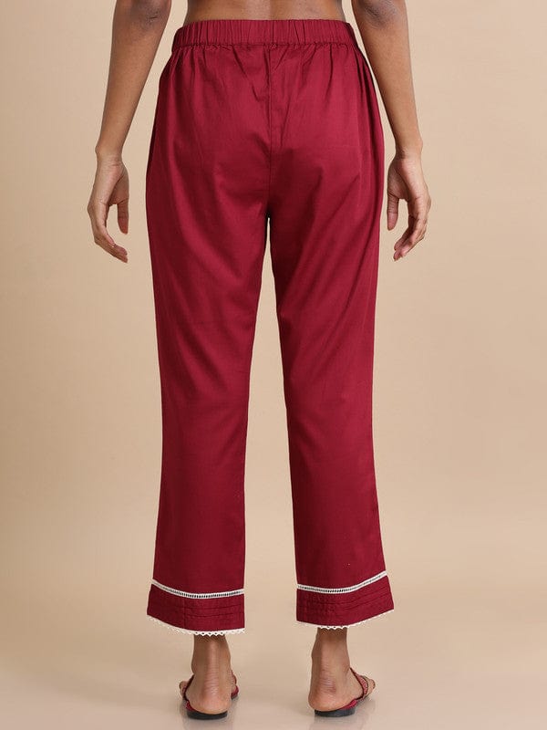 Maroon Cotton Solid Regular fit Ankle length Pants