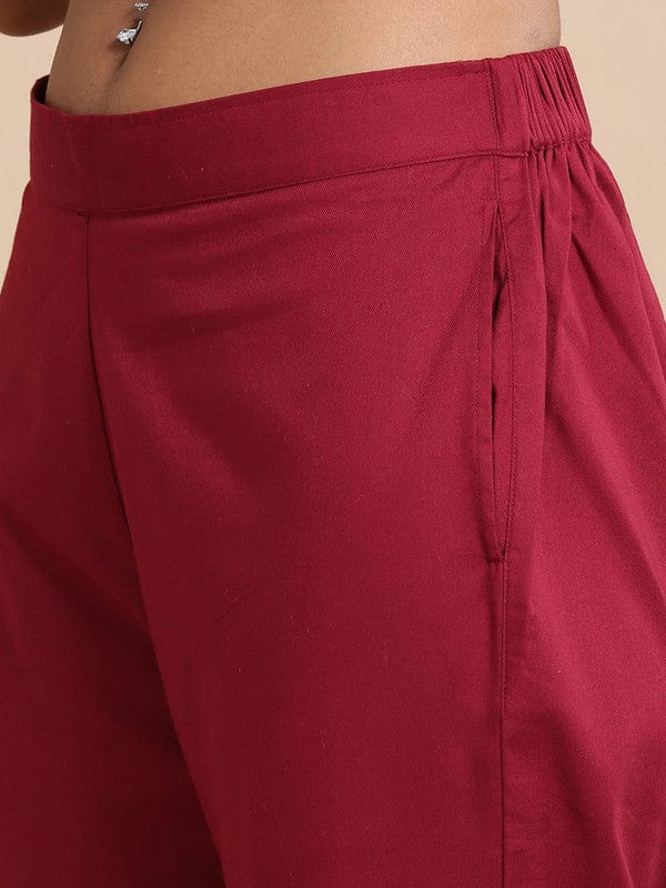 Maroon Cotton Solid Regular fit Ankle length Pants