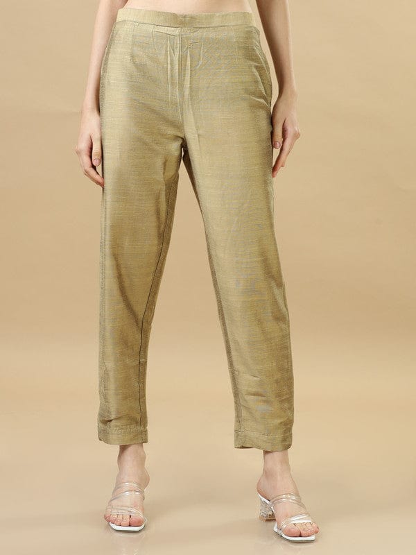 Beige Chanderi Solid Regular Ankle Length Pants