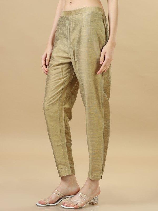 Beige Chanderi Solid Regular Ankle Length Pants