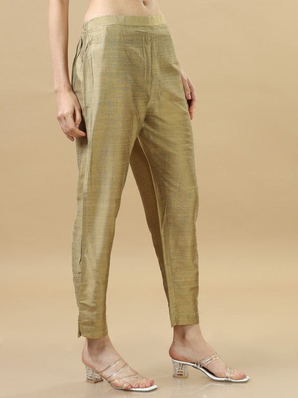 Beige Chanderi Solid Regular Ankle Length Pants