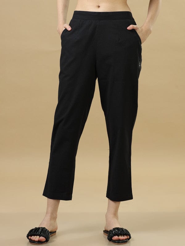 Black Cotton Solid Regular Ankle Length Pants