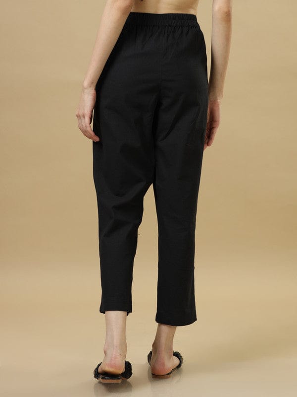 Black Cotton Solid Regular Ankle Length Pants