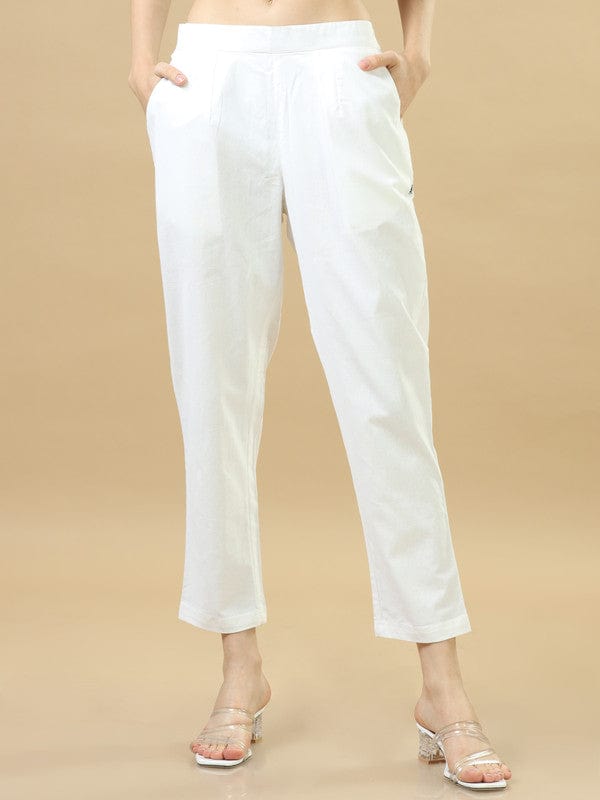 White Cotton Solid Regular Ankle Length Pants