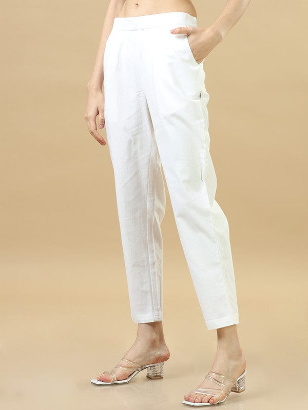 White Cotton Solid Regular Ankle Length Pants