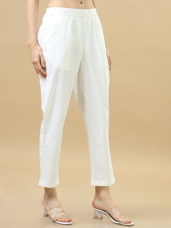 White Cotton Solid Regular Ankle Length Pants