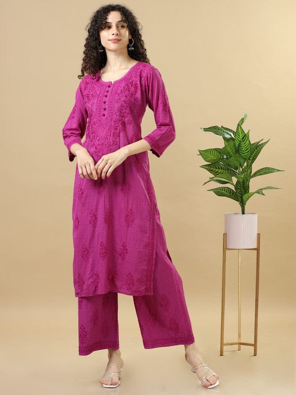 Purple 3/4th Sleeves Chanderi Chikankari Regular fit Calf length Kurta Set