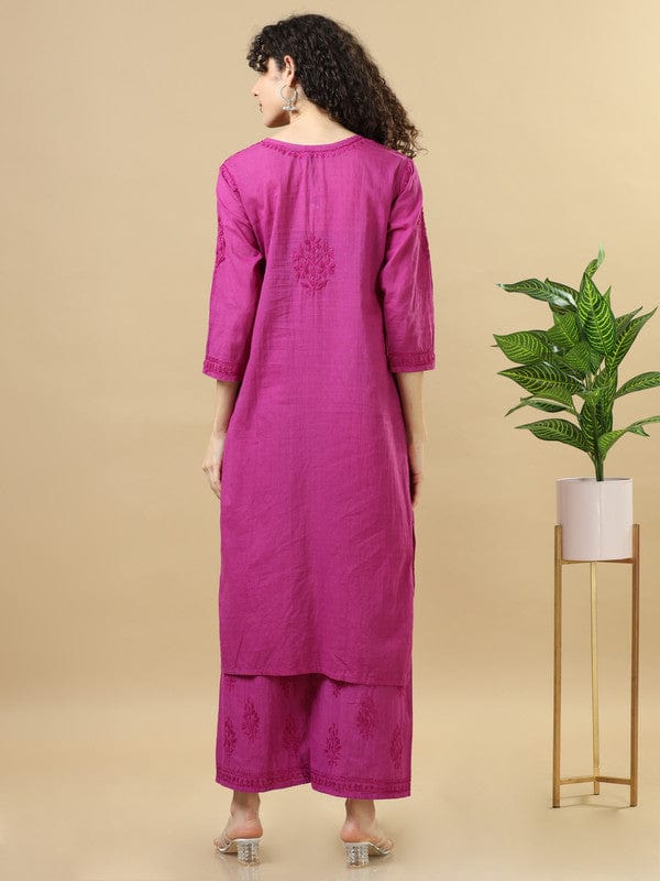 Purple 3/4th Sleeves Chanderi Chikankari Regular fit Calf length Kurta Set