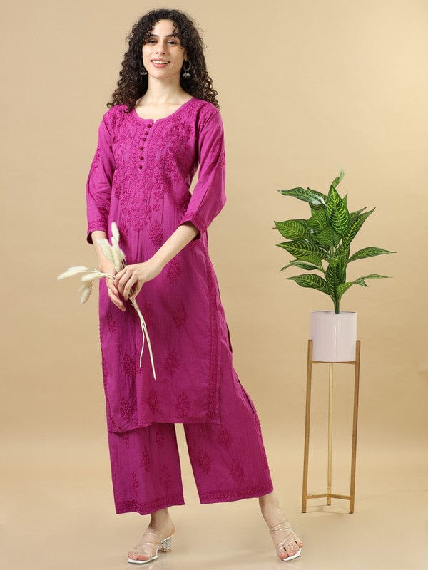 Purple 3/4th Sleeves Chanderi Chikankari Regular fit Calf length Kurta Set