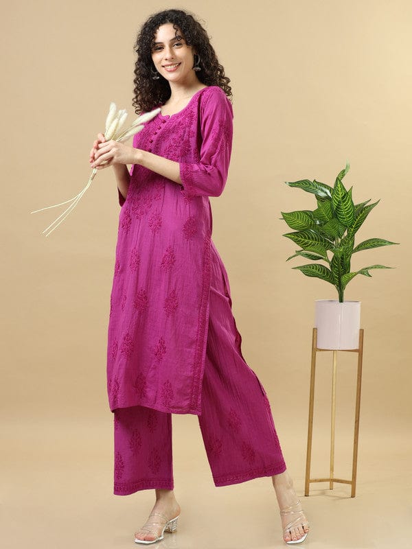 Purple 3/4th Sleeves Chanderi Chikankari Regular fit Calf length Kurta Set