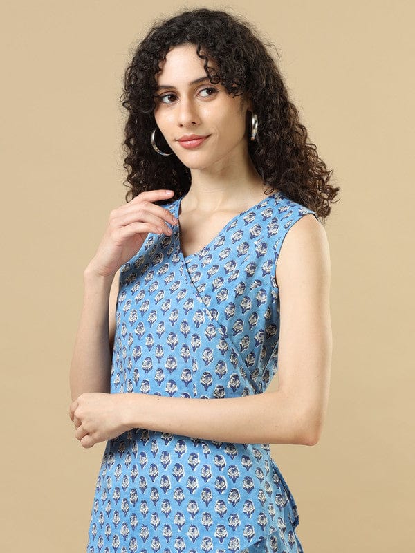 Blue Sleeveless Cotton Block Print Regular Fit Hip Length Co-Ords