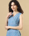 Blue Sleeveless Cotton Block Print Regular Fit Hip Length Co-Ords