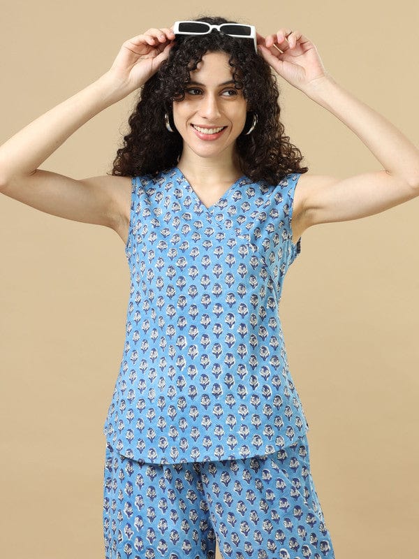 Blue Sleeveless Cotton Block Print Regular Fit Hip Length Co-Ords