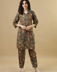 Multi Colour 3/4Th Sleeves Modal Silk Mixed Prints Loose Fit Calf Length Co-Ords