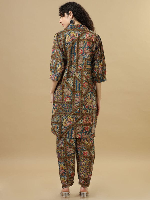 Multi Colour 3/4Th Sleeves Modal Silk Mixed Prints Loose Fit Calf Length Co-Ords