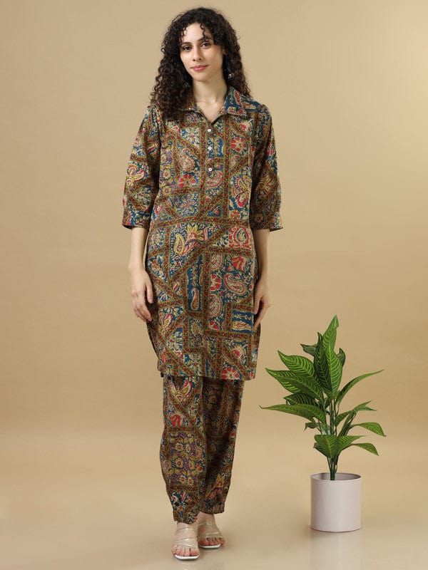 Multi Colour 3/4Th Sleeves Modal Silk Mixed Prints Loose Fit Calf Length Co-Ords