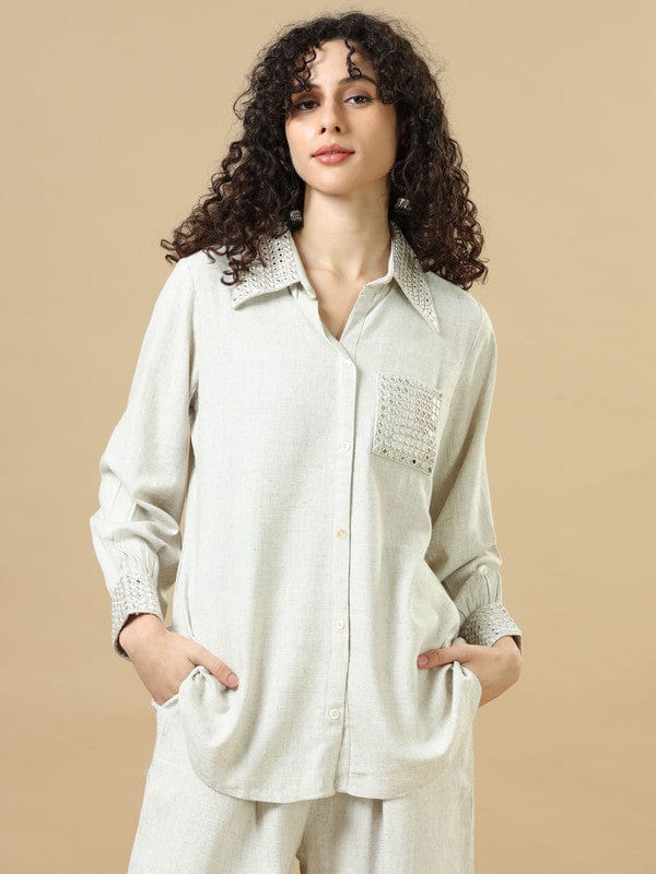 Off White Full Sleeves Rayon Viscos Mirror Work Regular Fit Hip Length Co-Ords