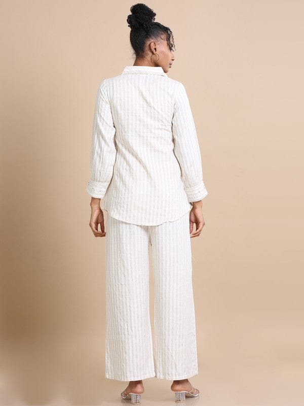 Cream Full sleeves Cotton Thread work and stripes Regular fit Hip length Co-Ords