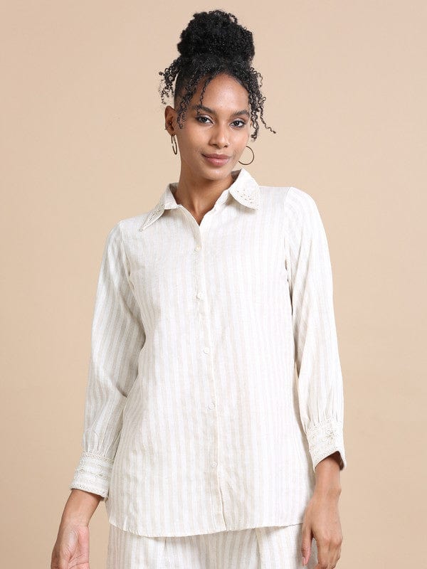 Cream Full sleeves Cotton Thread work and stripes Regular fit Hip length Co-Ords