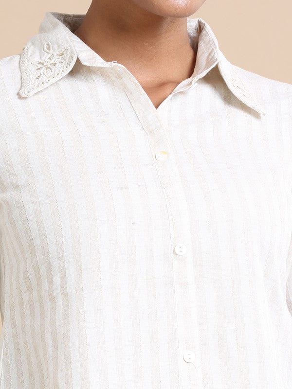 Cream Full sleeves Cotton Thread work and stripes Regular fit Hip length Co-Ords