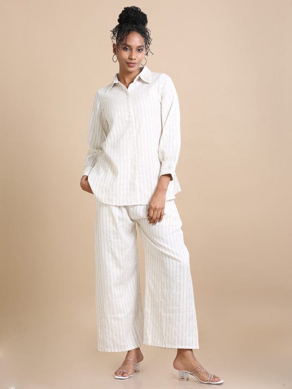 Cream Full sleeves Cotton Thread work and stripes Regular fit Hip length Co-Ords