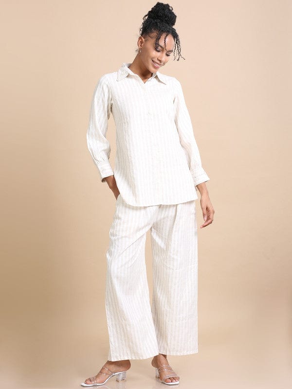 Cream Full sleeves Cotton Thread work and stripes Regular fit Hip length Co-Ords