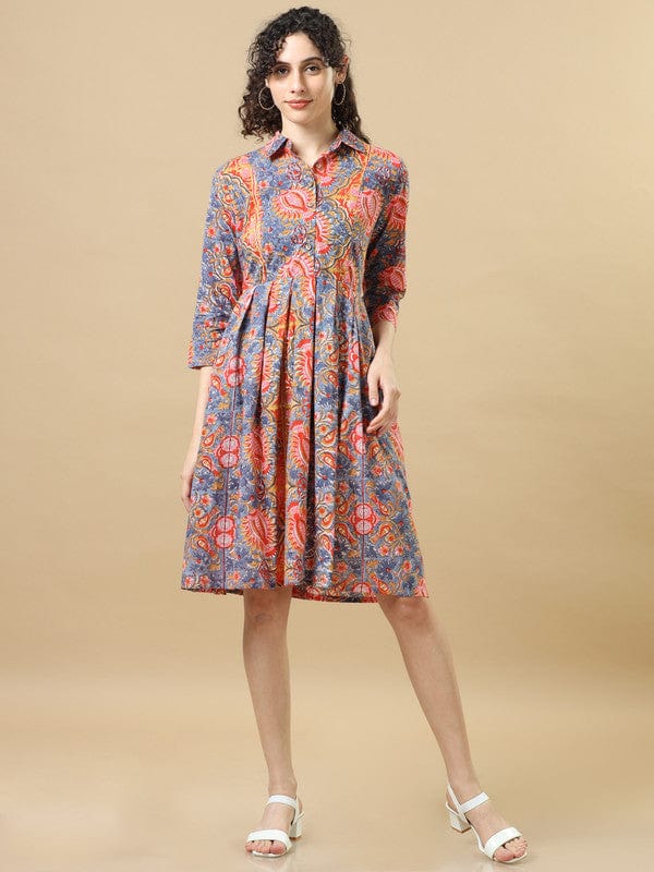 Light Blue 3/4Th Sleeves Cotton Floral Regular Fit Knee Length Dress