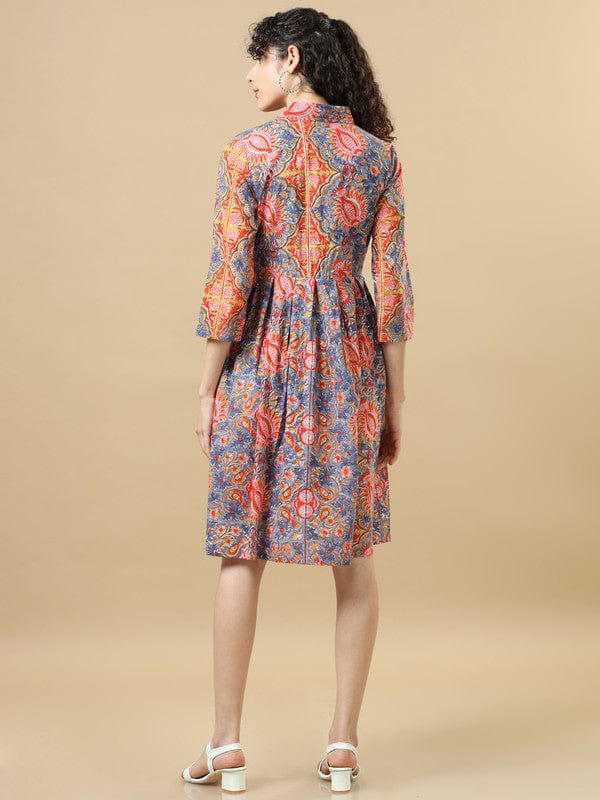 Light Blue 3/4Th Sleeves Cotton Floral Regular Fit Knee Length Dress