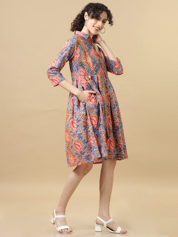 Light Blue 3/4Th Sleeves Cotton Floral Regular Fit Knee Length Dress