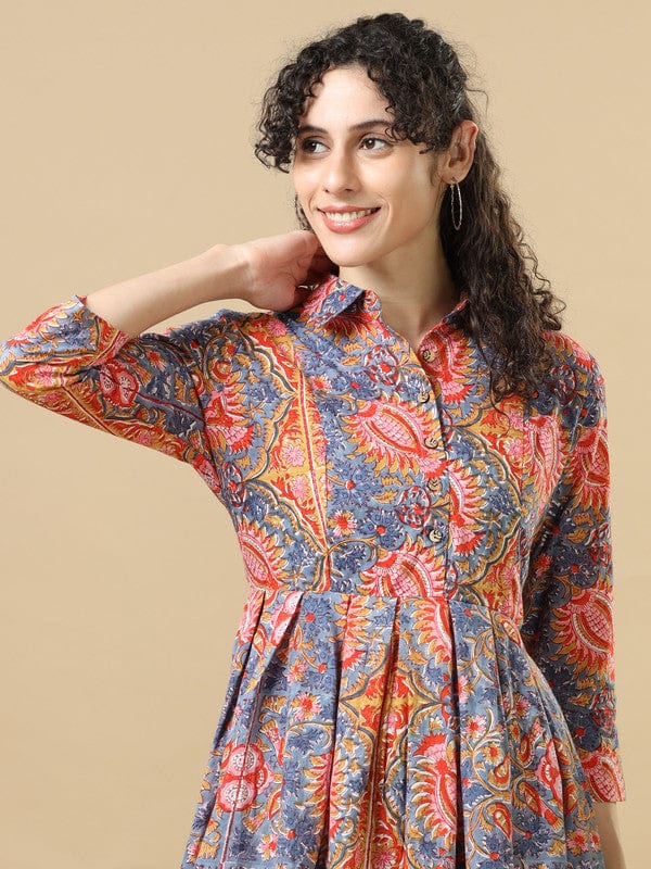 Light Blue 3/4Th Sleeves Cotton Floral Regular Fit Knee Length Dress