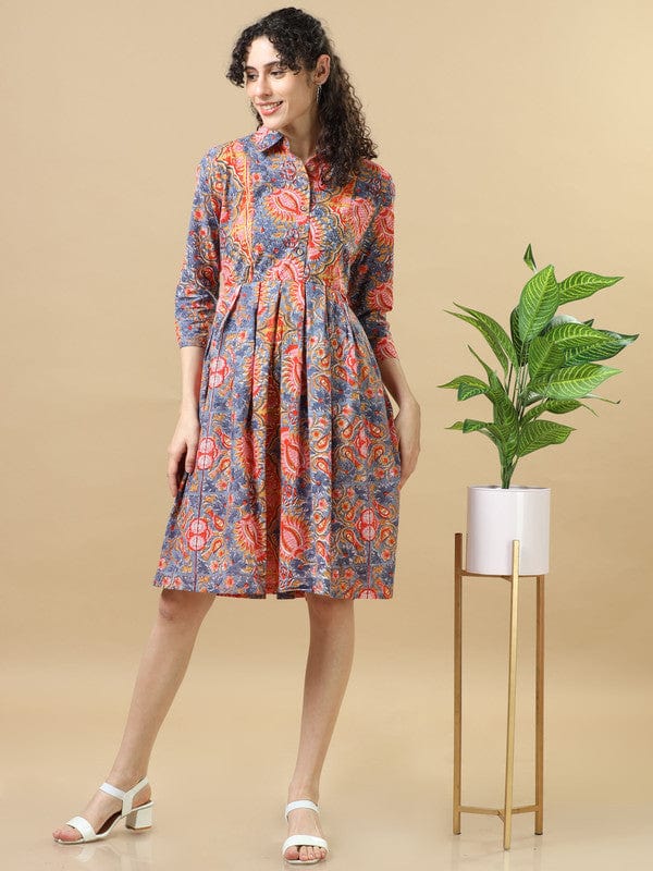 Light Blue 3/4Th Sleeves Cotton Floral Regular Fit Knee Length Dress