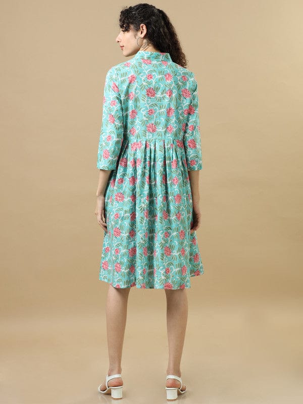 Pastel Green 3/4Th Sleeves Cotton Floral Regular Fit Knee Length Dress