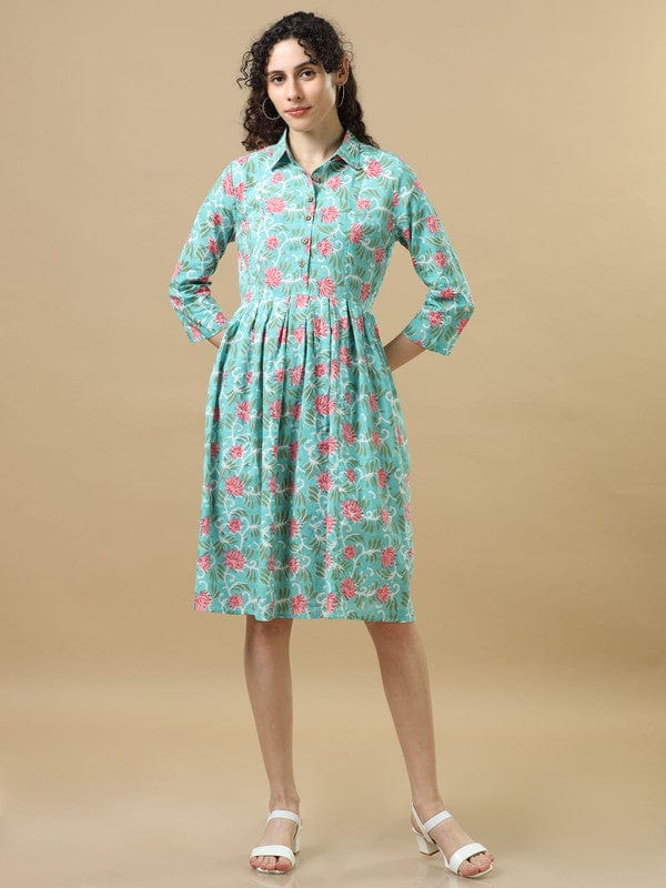 Pastel Green 3/4Th Sleeves Cotton Floral Regular Fit Knee Length Dress