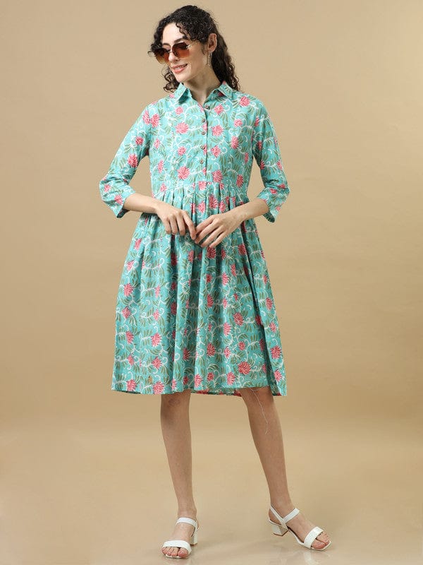 Pastel Green 3/4Th Sleeves Cotton Floral Regular Fit Knee Length Dress