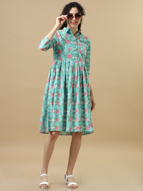 Pastel Green 3/4Th Sleeves Cotton Floral Regular Fit Knee Length Dress